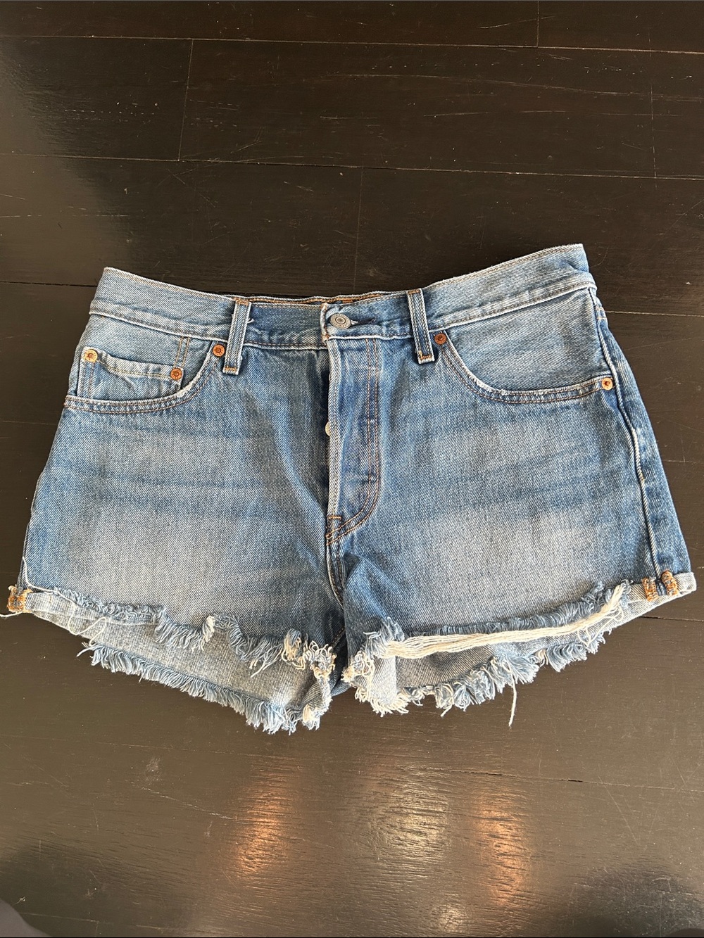 Levi's 501 med Blue Denim Frayed-Hem Jean Shorts